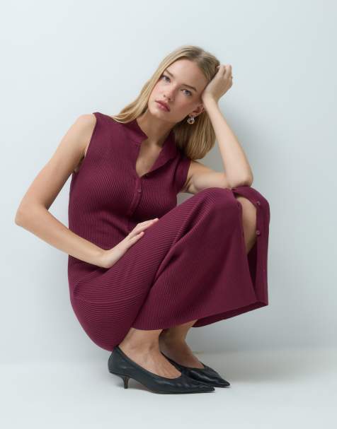Abercrombie & Fitch gebreide mouwloze maxi-jurk met knoopsluiting in bordeauxrood - view 1