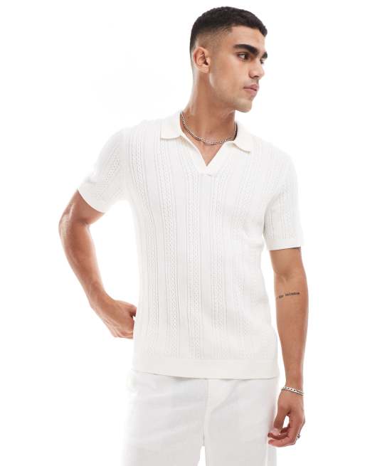 Abercrombie & Fitch - Gebreide polo met gestreepte stekentextuur en open kraag in crème