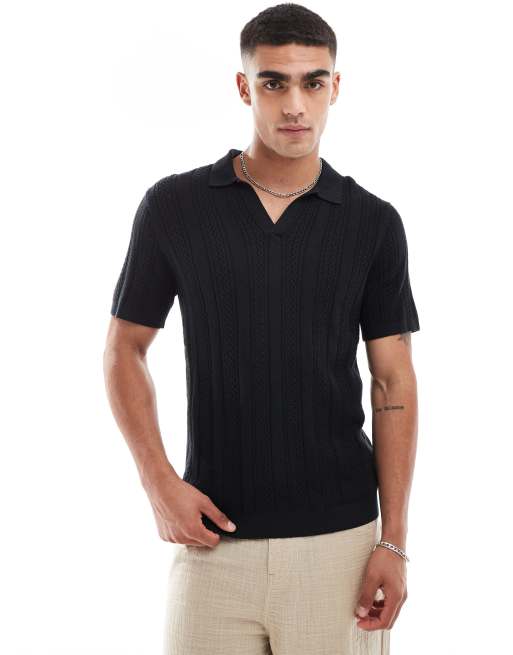 Abercrombie & Fitch - Gebreide polo met gestreepte stekentextuur en open kraag in zwart