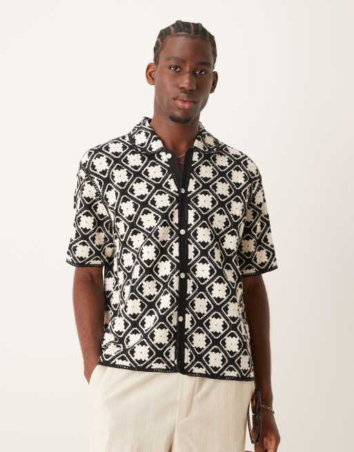 Abercrombie & Fitch - Gebreide polo met knoopsluiting en gehaakt patroon in zwart/wit