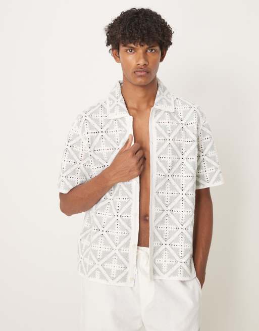 Abercrombie & Fitch - Gebreide polo met korte mouwen en diamantprint in grijs