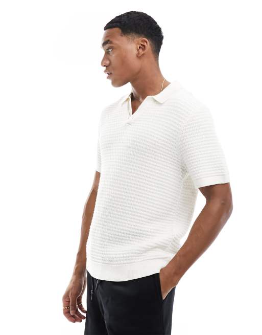 Abercrombie & Fitch - Gebreide polo met retro open kraag en zweefsteek in crème