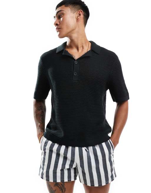 Abercrombie & Fitch - Gebreide resort polo met 2 knopen en reverskraag in zwart