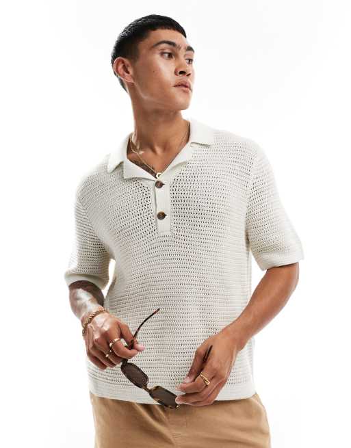 Abercrombie & Fitch - Gebreide resortpolo met 2 knopen en reverskraag in crème