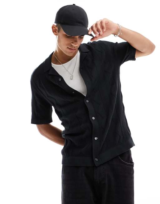 Abercrombie & Fitch - Gebreide retro polo met knoopsluiting en stiksels in zwart