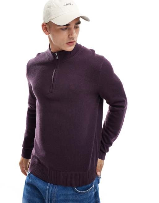 Abercrombie & Fitch - Gebreide trui van merinowol met logo en halve rits in paars