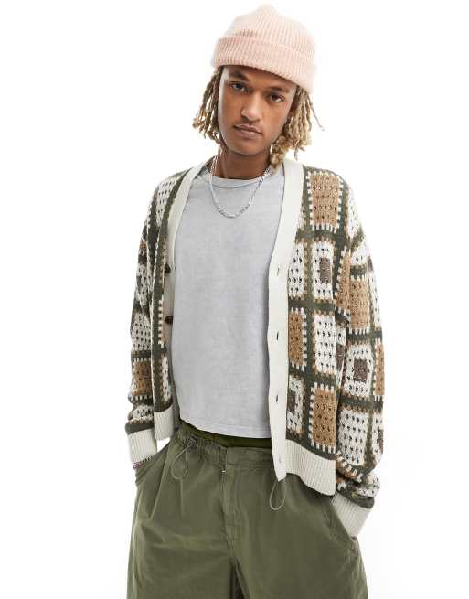 Abercrombie & Fitch – Gehäkelte, gemusterte Strickjacke in Braun