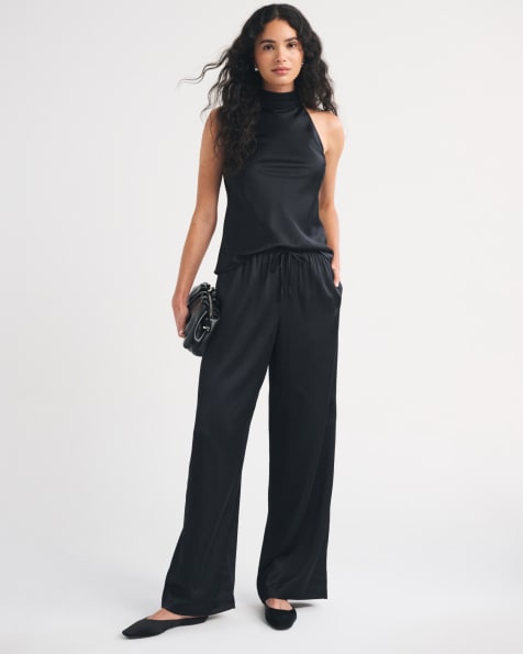 Abercrombie & Fitch Gemma satin wide leg pull-on pant in black - view 1