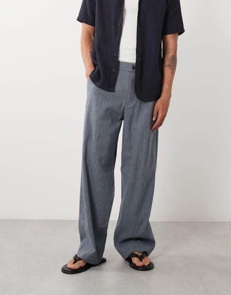 Abercrombie & Fitch - Geplooide baggy poplin broek van katoen en linnenmix in leisteenblauw - view 1