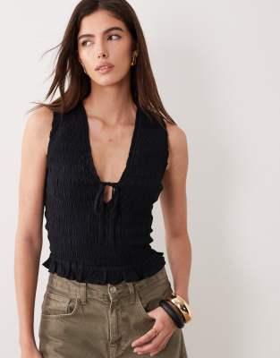 Abercrombie & Fitch - Gerafftes Oberteil in Schwarz mit V-Ausschnitt