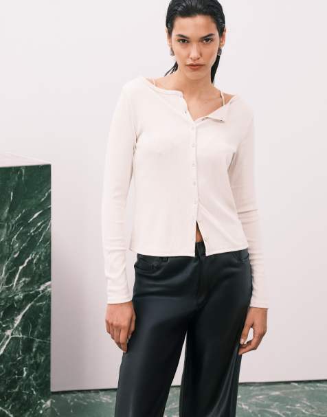 Abercrombie & Fitch - Geribbelde top met lange mouwen en knoopsluiting in beige - view 1