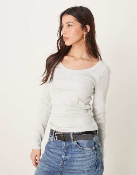 Abercrombie & Fitch - Geribbelde top met lange mouwen en lage ronde hals in lichtgrijs - view 1