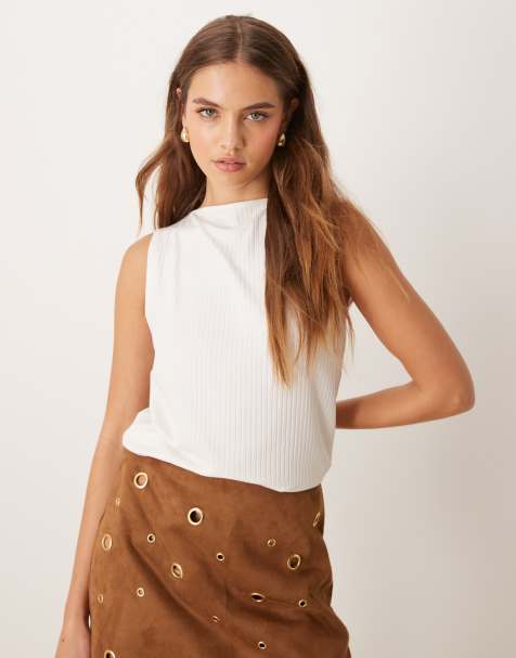 Abercrombie & Fitch - Geribbelde top met rechte hals in gebroken wit - view 1