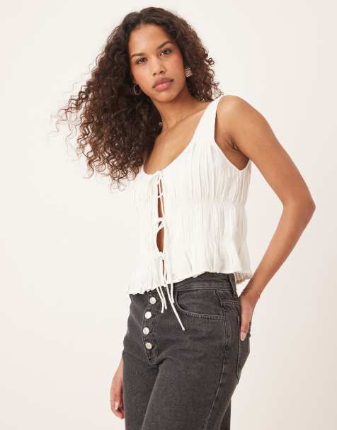 Abercrombie & Fitch - Gerimpelde top met gestrikte voorkant in wit - view 1