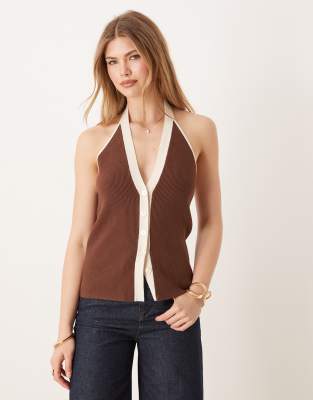 Abercrombie & Fitch - Geripptes Neckholder-Trägertop in Braun und Creme