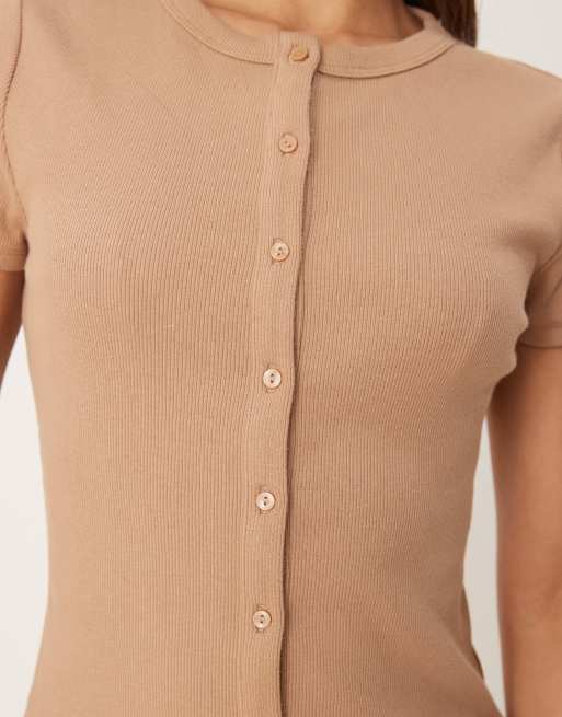 Abercrombie & Fitch – Geripptes Oberteil in Braun mit Knopfleiste, 2 von 4