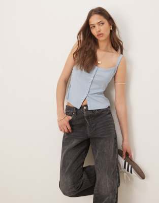 Abercrombie & Fitch - Geripptes Tanktop in Blau mit breiten Trägern und durchgehender Knopfleiste