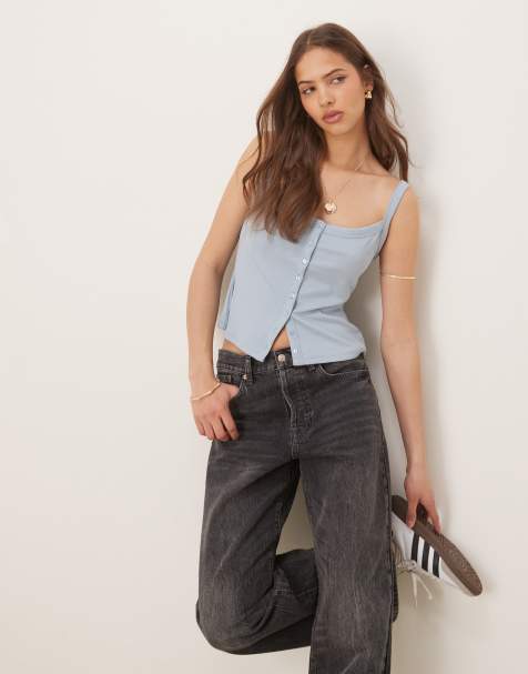 Abercrombie & Fitch – Geripptes Tanktop in Blau mit breiten Trägern und durchgehender Knopfleiste - view 1