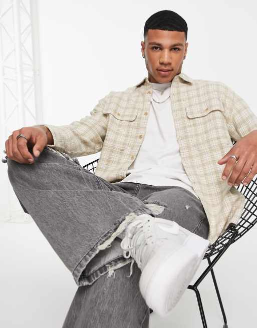 Abercrombie & Fitch - Geruit oversized flanellen overhemd in crème met zak