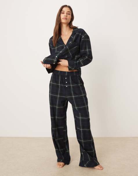 Abercrombie & Fitch - Geruite boxer-pyjamabroek van flanel met hoge taille in zwart, deel van co-ord set - view 1