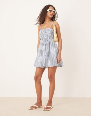 Abercrombie & Fitch - Gesmoktes Babydoll-Minikleid in Blau mit Vichy-Karos