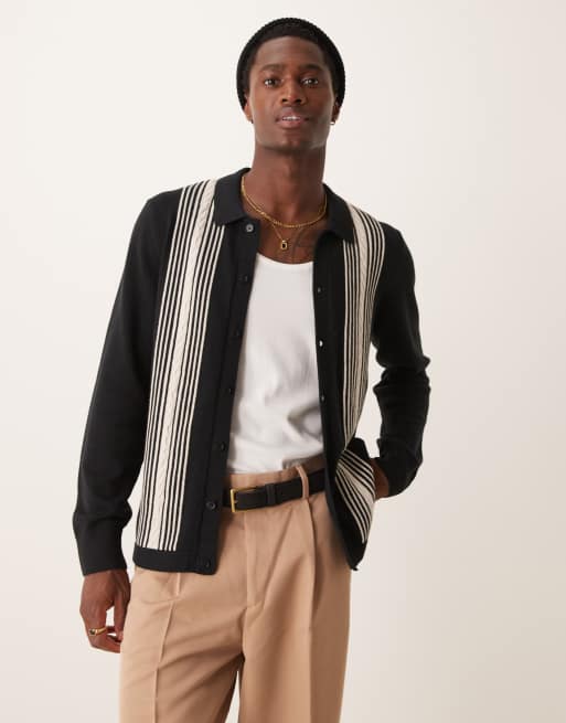 Abercrombie & Fitch - Gestreept gebreide vest met knopen in zwart en beige