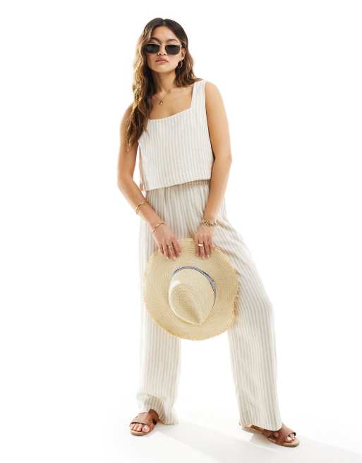 Abercrombie & Fitch - Gestreepte co-ord set van linnenmix met top en broek in beige en wit