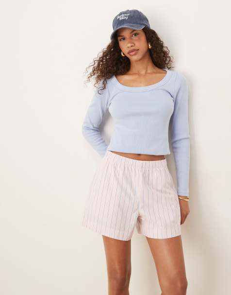 Abercrombie & Fitch Gestreepte popeline shorts in roze streep - view 1