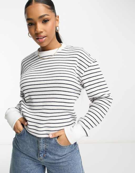 Abercrombie & Fitch - Gestreepte top met wafelstructuur en lange mouwen in marineblauw en wit