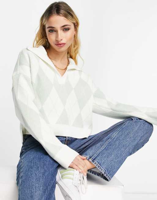 Abercrombie & Fitch – Gestrickter Polo-Pullover mit Argyle-Muster in Grün