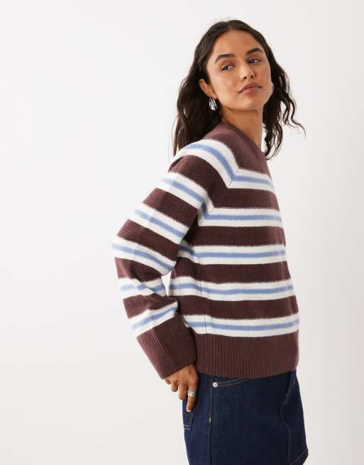Abercrombie & Fitch gestrickter Pullover mit Rundhalsausschnitt in Braun und Blau gestreift, 2 von 4