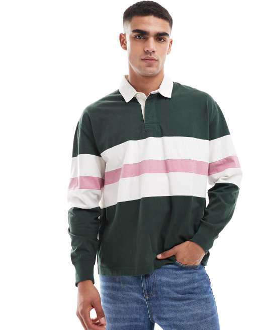 Abercrombie & Fitch – Gestricktes Rugby-Polohemd in Dunkelgrün mit Blockstreifen auf Brusthöhe