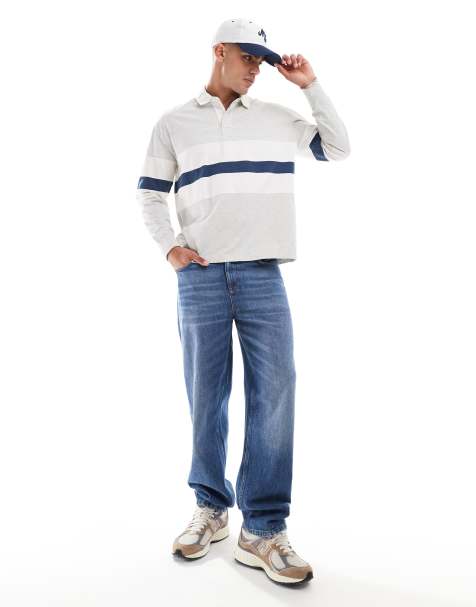 Abercrombie & Fitch – Gestricktes Rugby-Polohemd in meliertem Grau mit Blockstreifen auf Brusthöhe - view 1