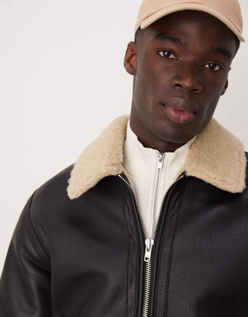 Abercrombie & Fitch - Giacca in pelle sintetica nera foderata in pile borg effetto montone, 2 di 4
