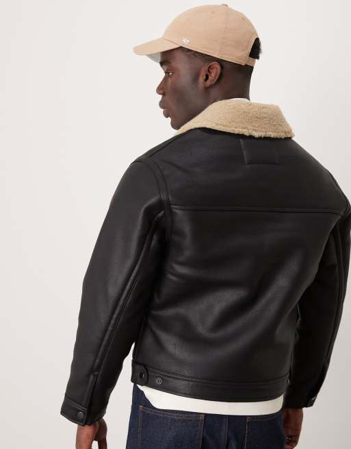 Abercrombie & Fitch - Giacca in pelle sintetica nera foderata in pile borg effetto montone, 3 di 4