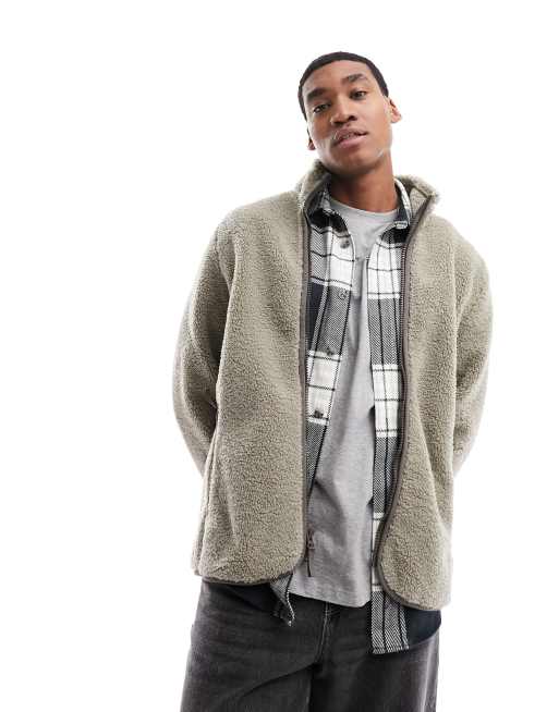Abercrombie & Fitch - Giacca in pile borg marrone con doppia zip, 2 di 4