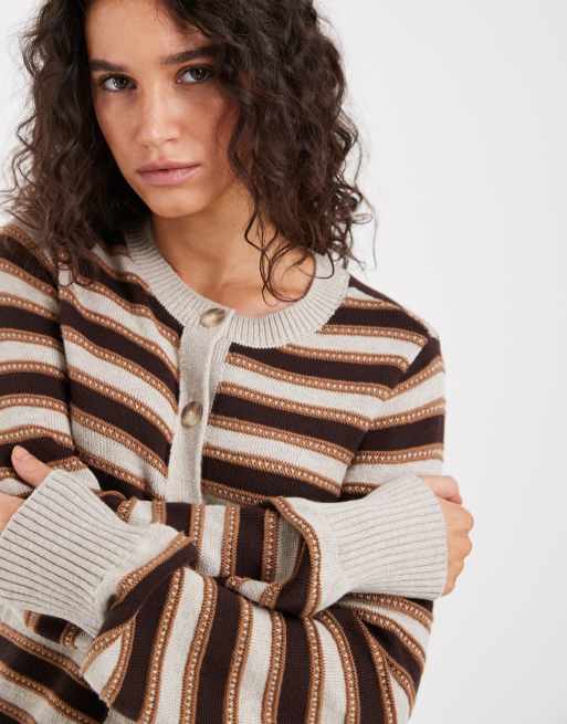 Abercrombie & Fitch gilet en maille à col rond rayé marron et crème, 3 de 4
