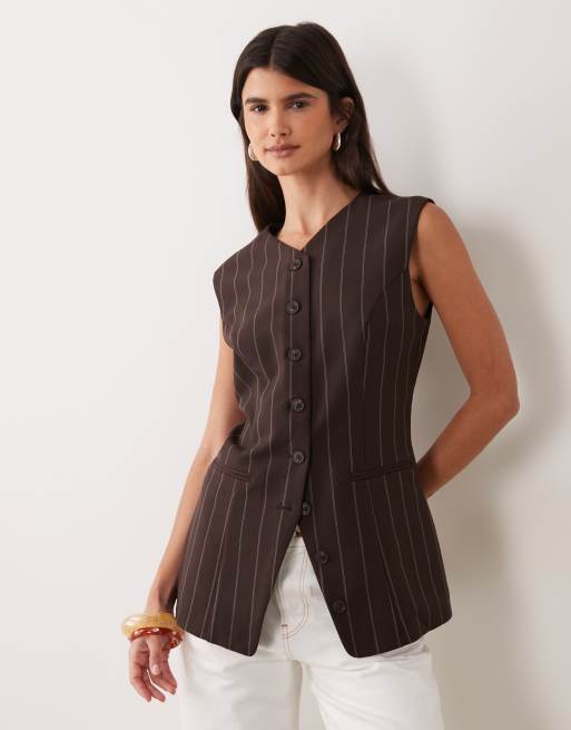 Abercrombie & Fitch gilet lungo con scollo a V a righe marroni, 4 di 4
