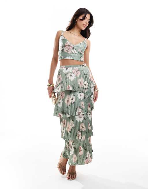 Abercrombie & Fitch - Gonna lunga a balze in raso verde a fiori in coordinato