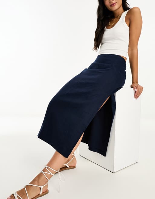 Abercrombie & Fitch - Gonna midi in lino blu navy