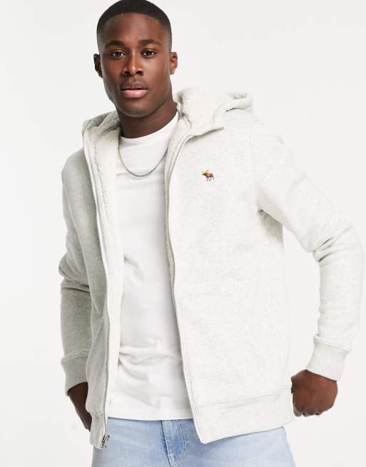 Abercrombie & Fitch – Grå huvtröja med ikon-logga, dragkedja och foder i fårskinnsimitation 