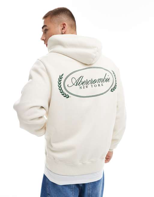 Abercrombie & Fitch – Gräddvit hoodie med skriftlogga och broderi baktill