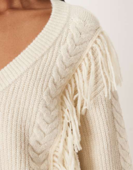 Abercrombie & Fitch – Gräddvit, kort tröjklänning med fransar, 2 av 4