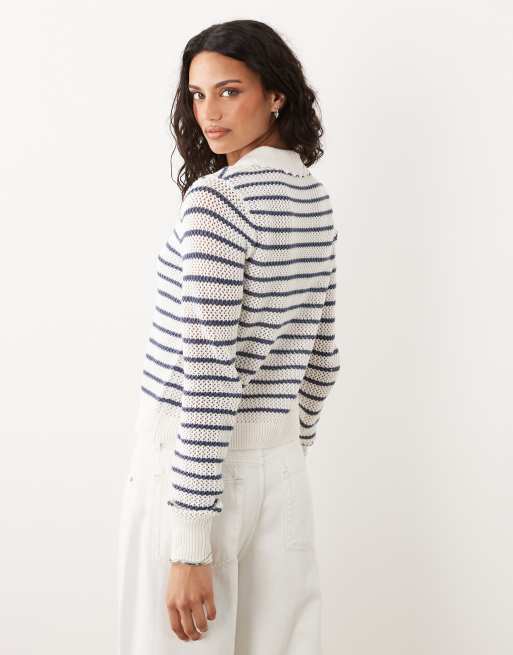 Abercrombie & Fitch – Gräddvit, randig, figurnära, stickad kofta med virkad krage, 4 av 4
