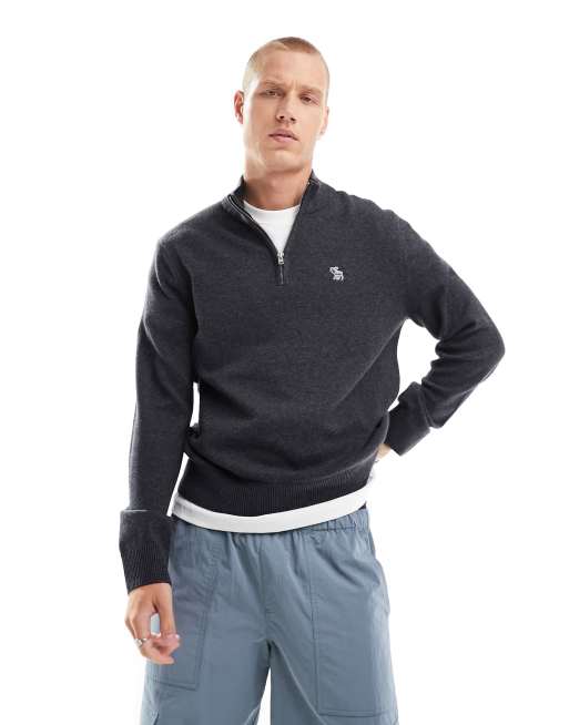 Abercrombie & Fitch - Gråmelerad, stickad töja i merinoull med halv dragkedja och ikonlogga