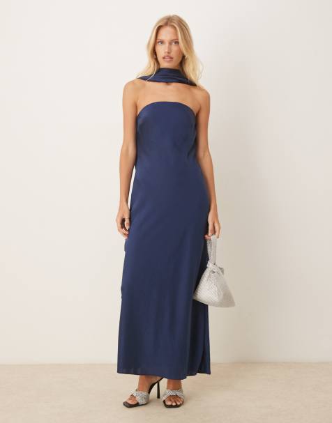 Abercrombie & Fitch – Granatowa sukienka maxi z drapowanym dekoltem typu halter - view 1
