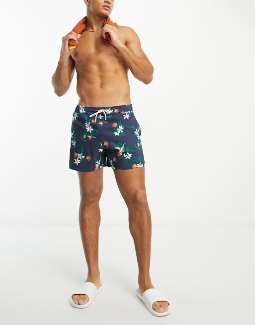 Abercrombie & Fitch – Granatowe szorty kąpielowe o długości 13 cm w kwiatowy wzór