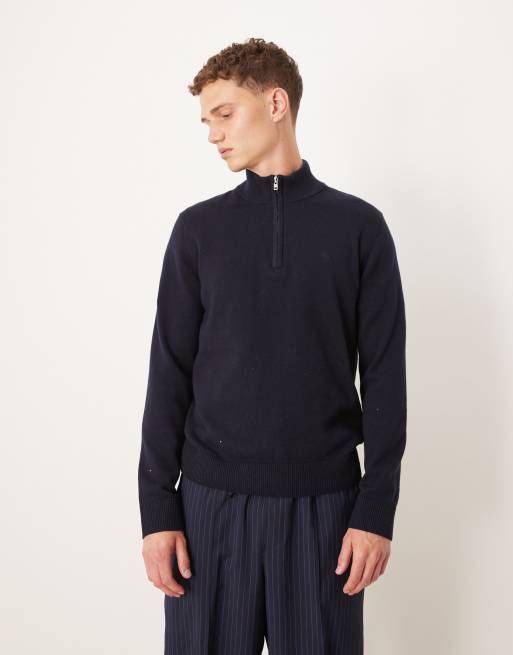 Abercrombie & Fitch – Granatowy sweter z długimi rękawami, logo na piersi i zamkiem pod szyją