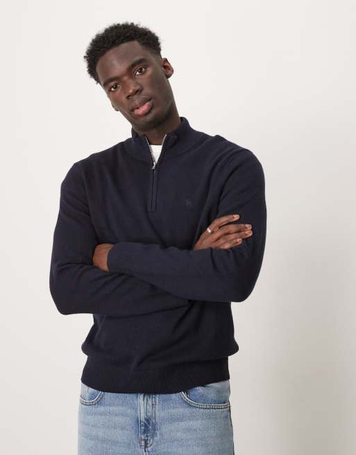 Abercrombie & Fitch – Granatowy sweter z wełny merino z suwakiem pod szyją i logo