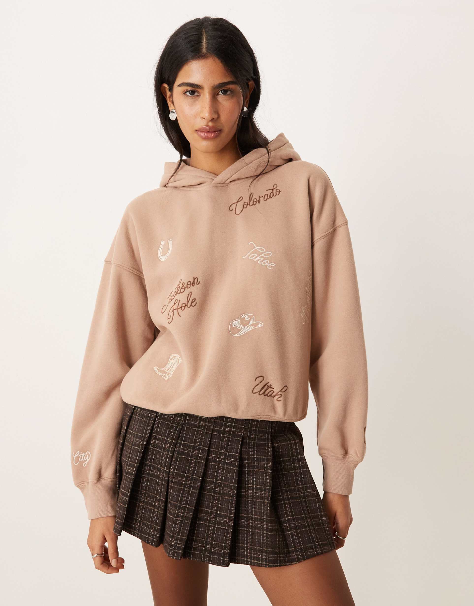 abercrombie & fitch graphic hoodie in beige